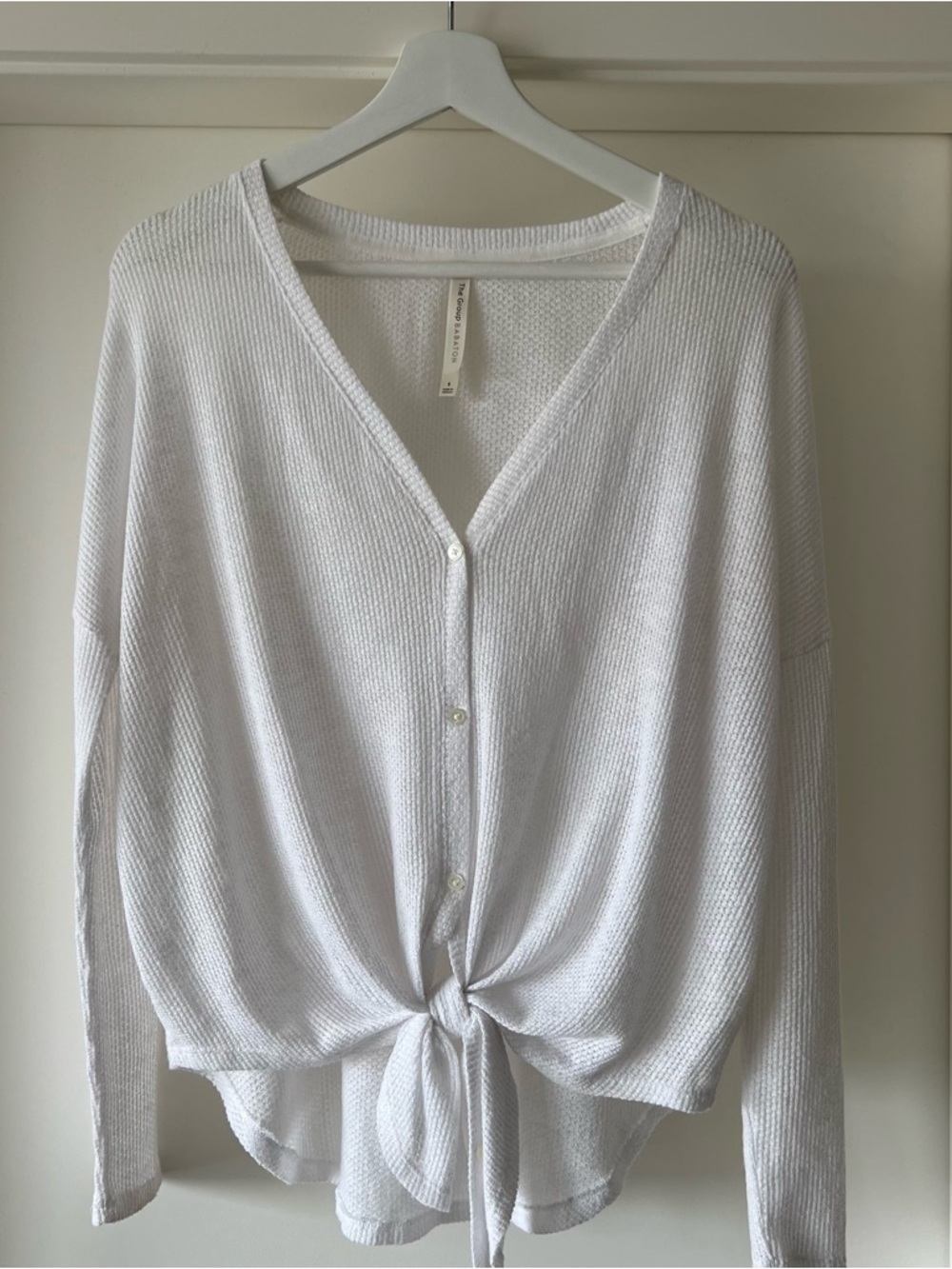The Group Babaton - White Waffle Knit Tie-Front Button Cardigan - size small